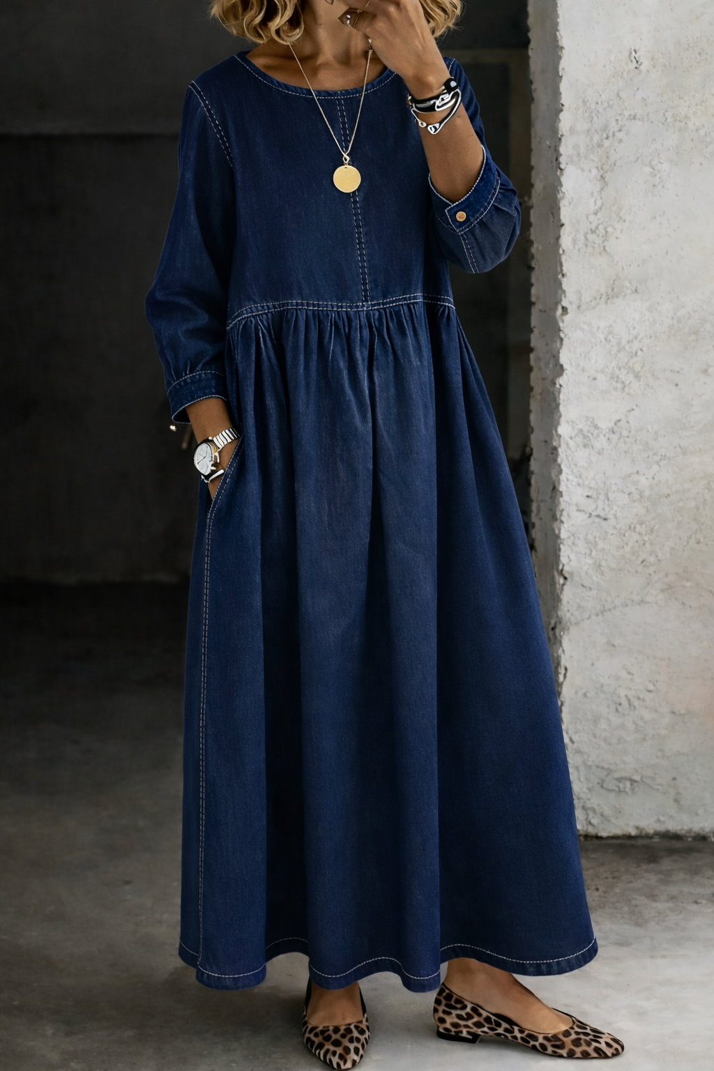 CATARINA | Vestido midi de ganga com franzido