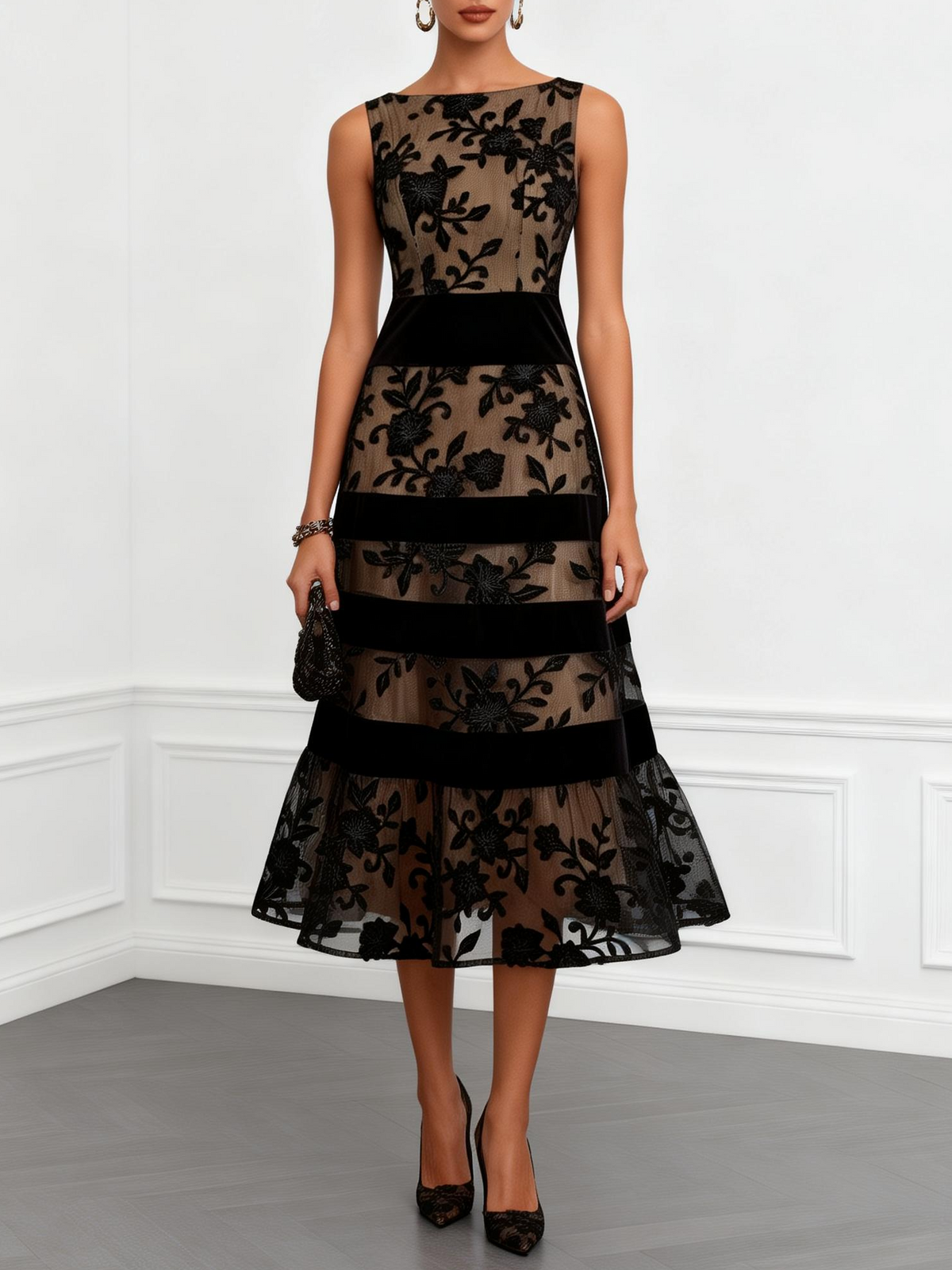 HARPER | Vestido midi em renda floral sem mangas