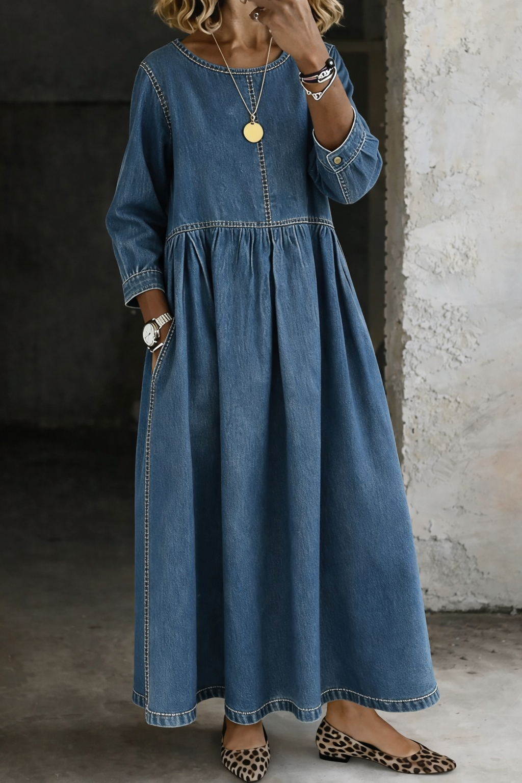 CATARINA | Vestido midi de ganga com franzido